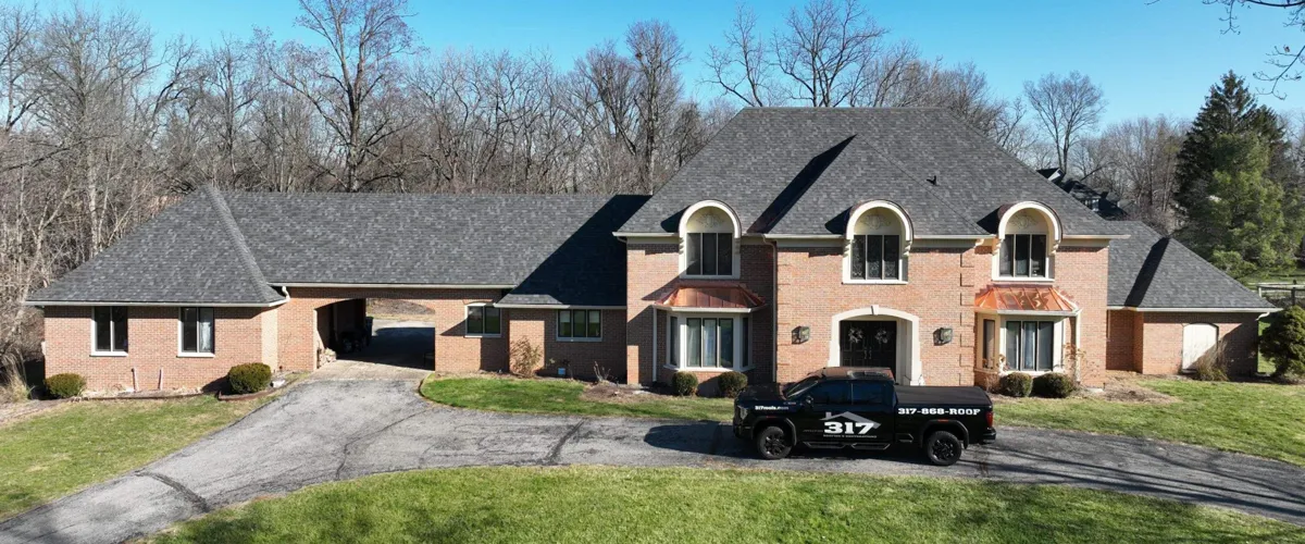 Aerial view of a completed 317 Roofing shingle roof in the Indianapolis area